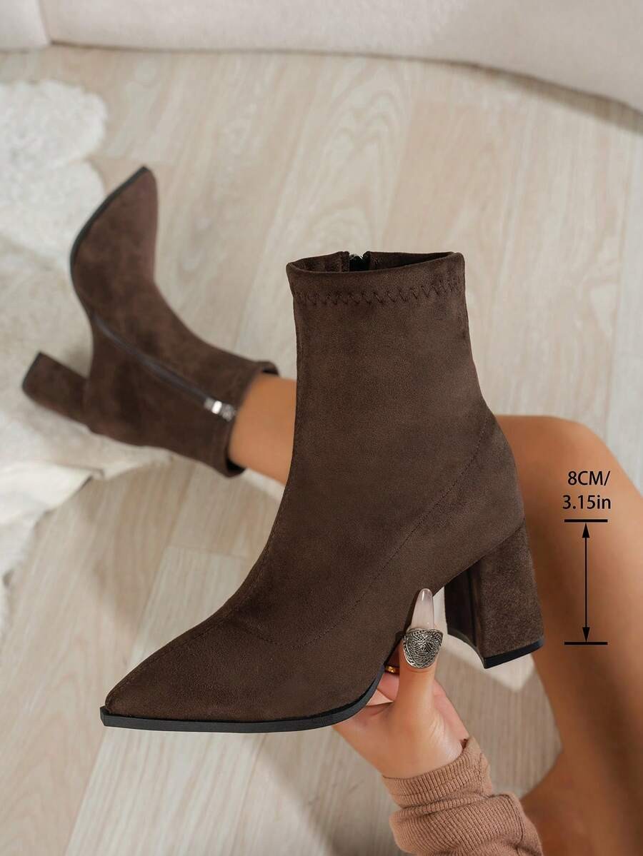 Women's Pointed Toe Faux Suede Block Heel Ankle Boots