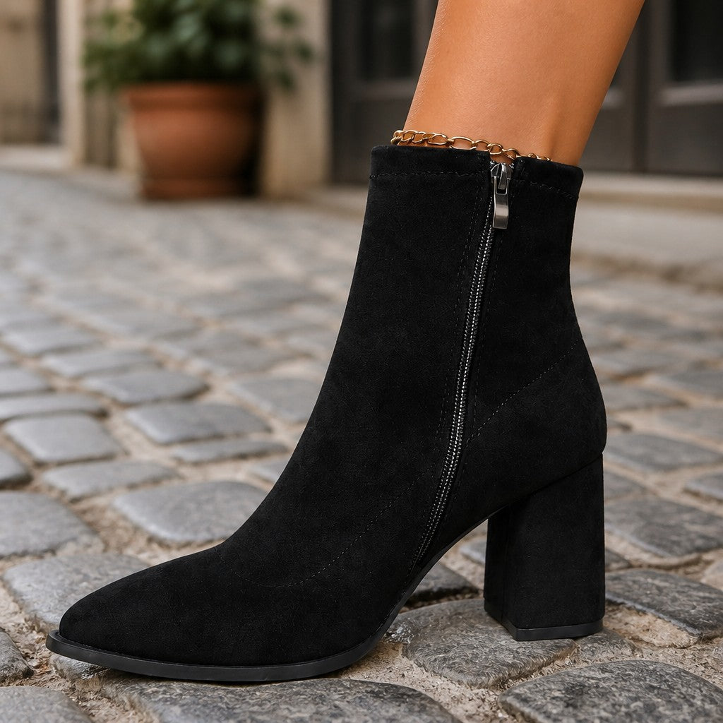 Women's Pointed Toe Faux Suede Block Heel Ankle Boots