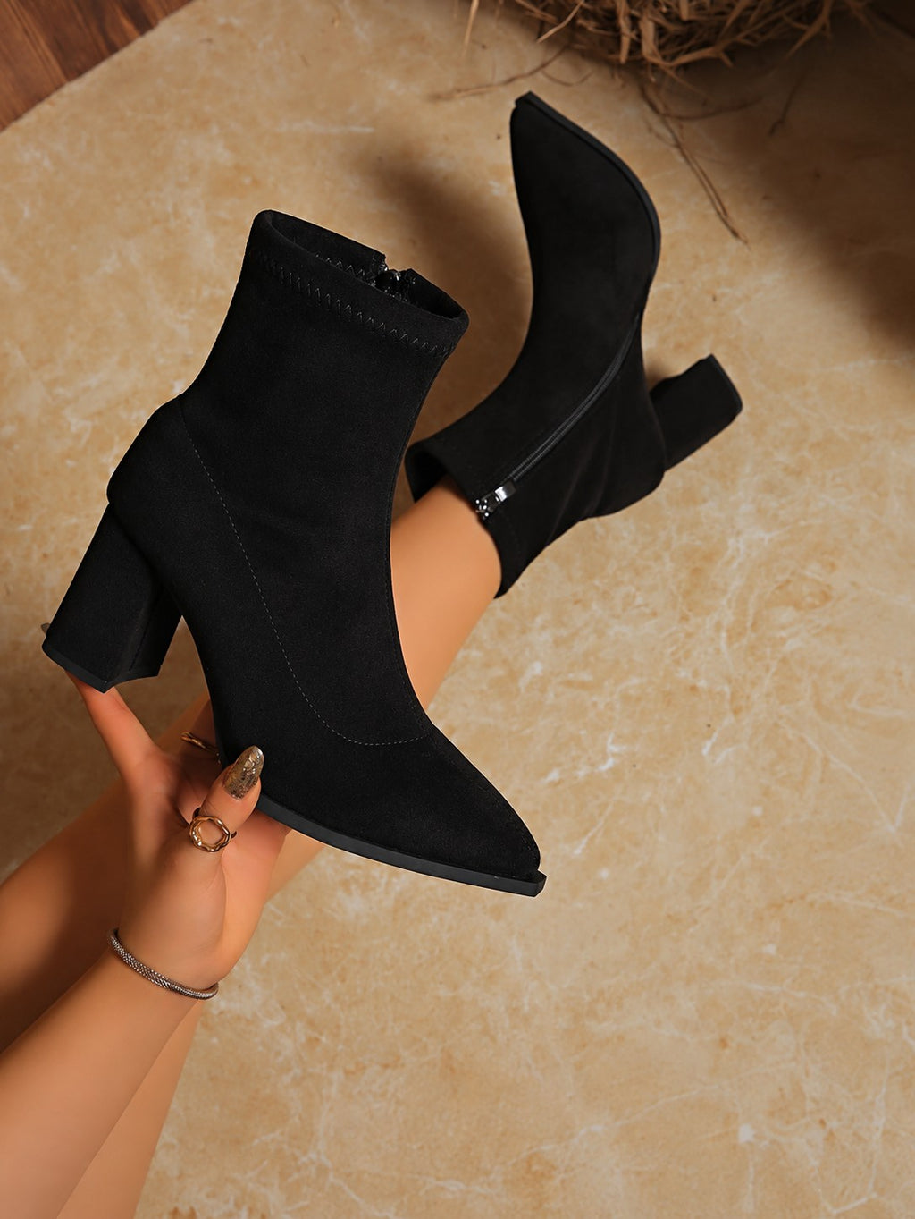 Women's Pointed Toe Faux Suede Block Heel Ankle Boots