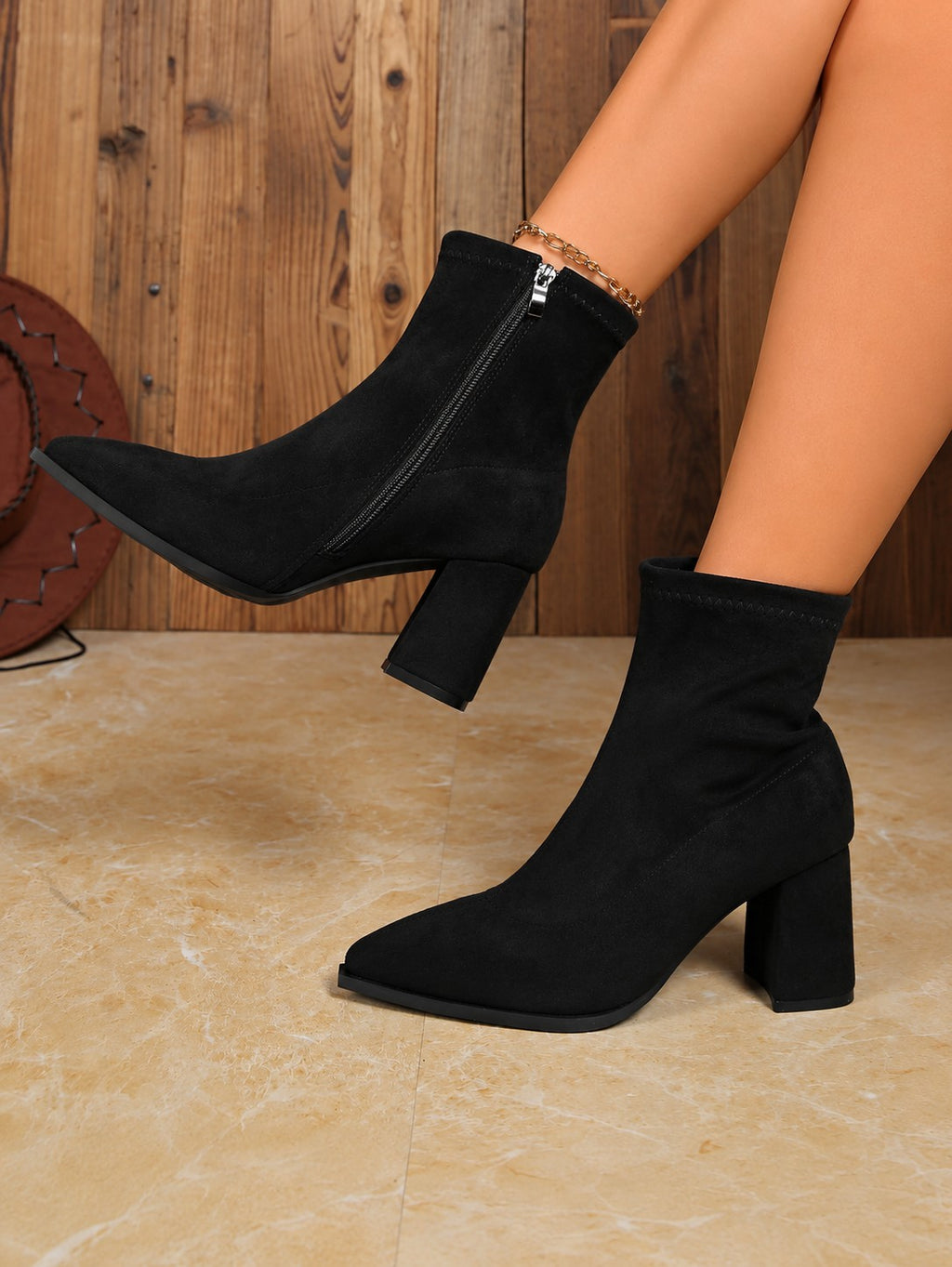 Women's Pointed Toe Faux Suede Block Heel Ankle Boots