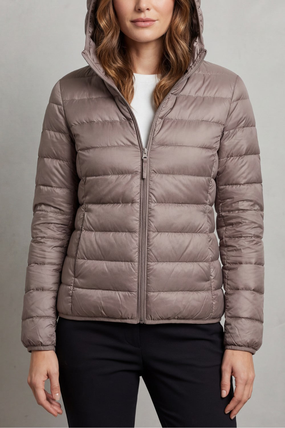 Women's Puffer Jacket with Hood and Full-Length Zip