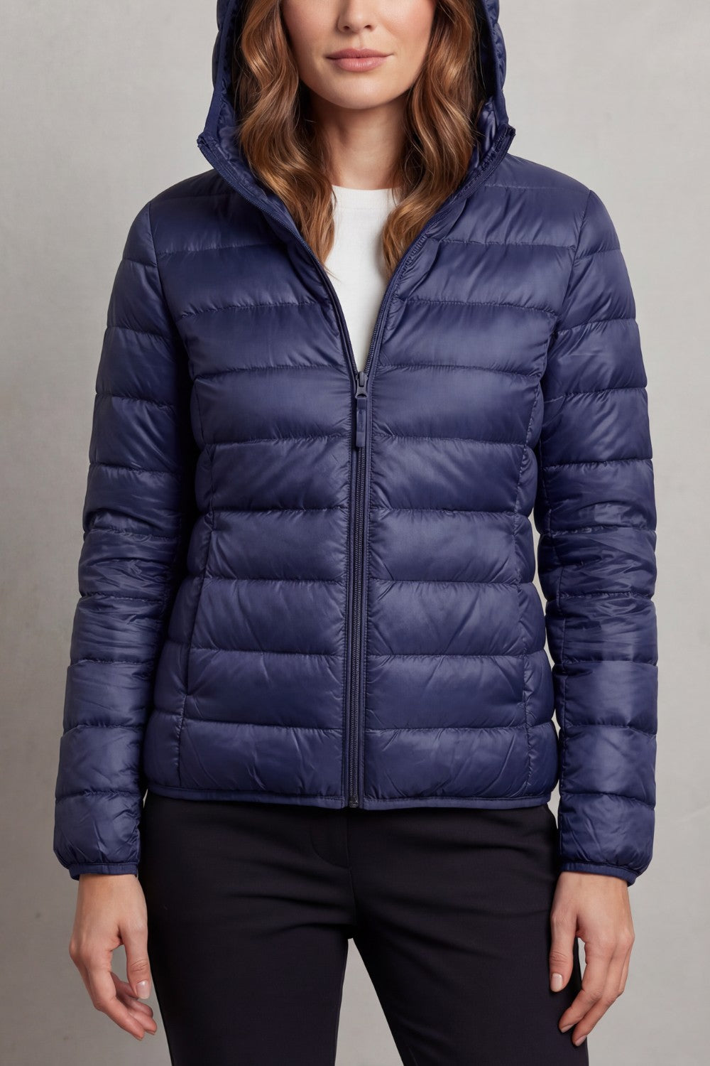 Women's Puffer Jacket with Hood and Full-Length Zip