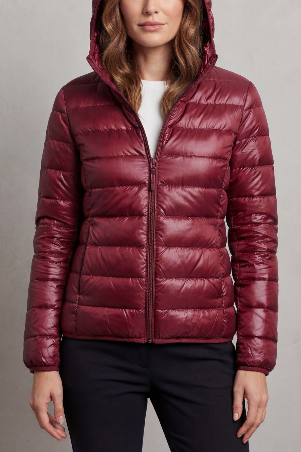 Women's Puffer Jacket with Hood and Full-Length Zip