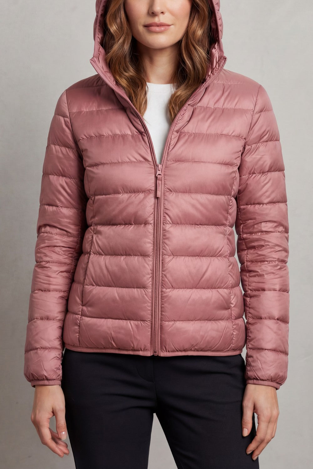 Women's Puffer Jacket with Hood and Full-Length Zip