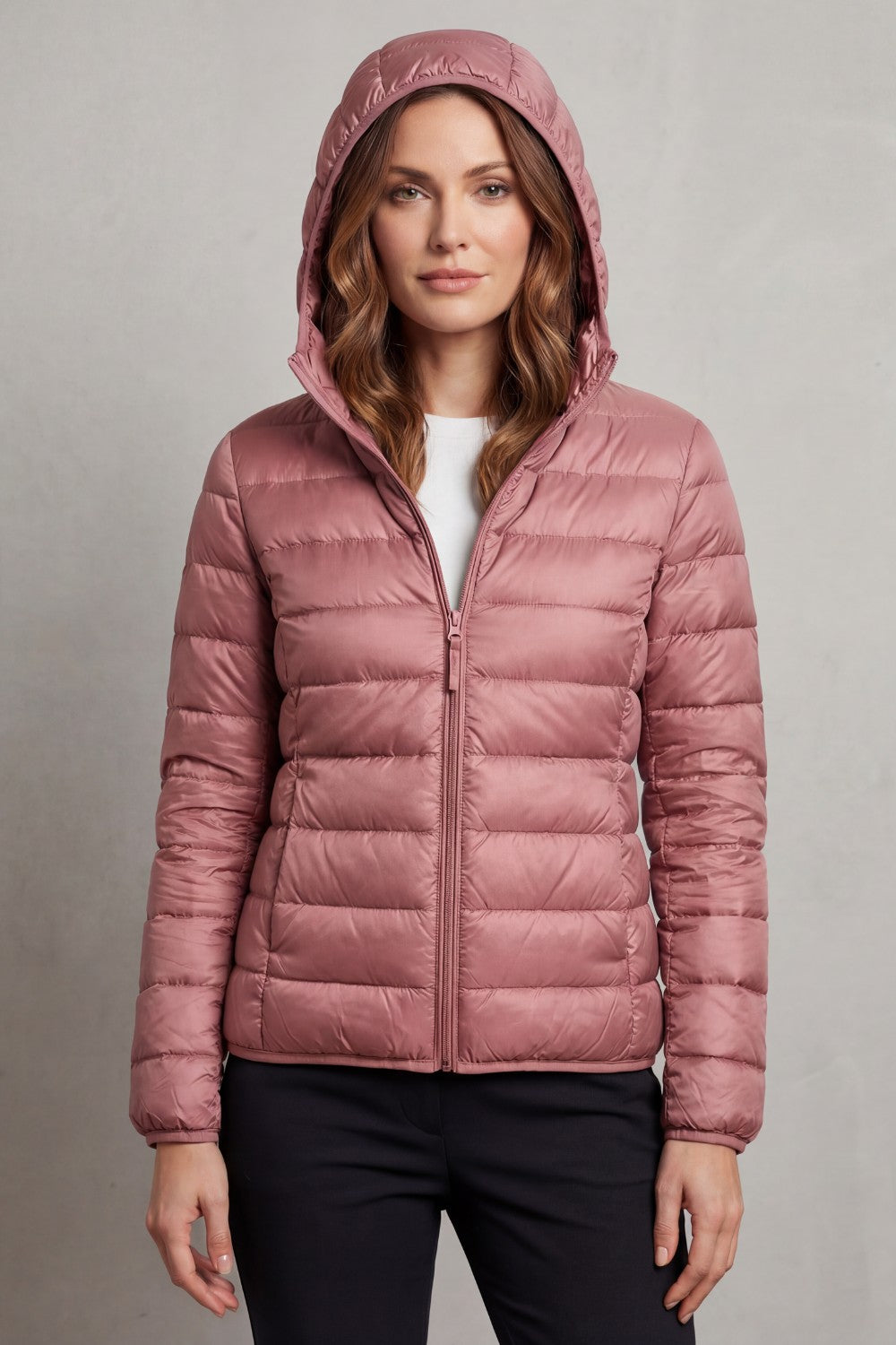 Women's Puffer Jacket with Hood and Full-Length Zip