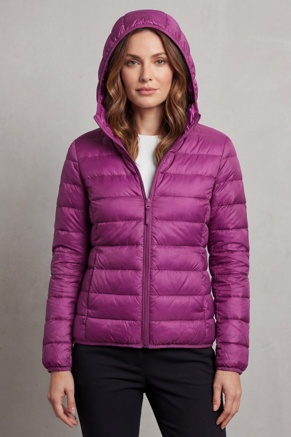 Women's Puffer Jacket with Hood and Full-Length Zip