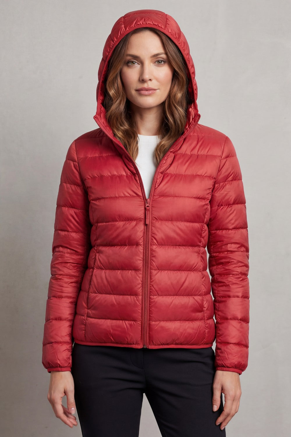 Women's Puffer Jacket with Hood and Full-Length Zip