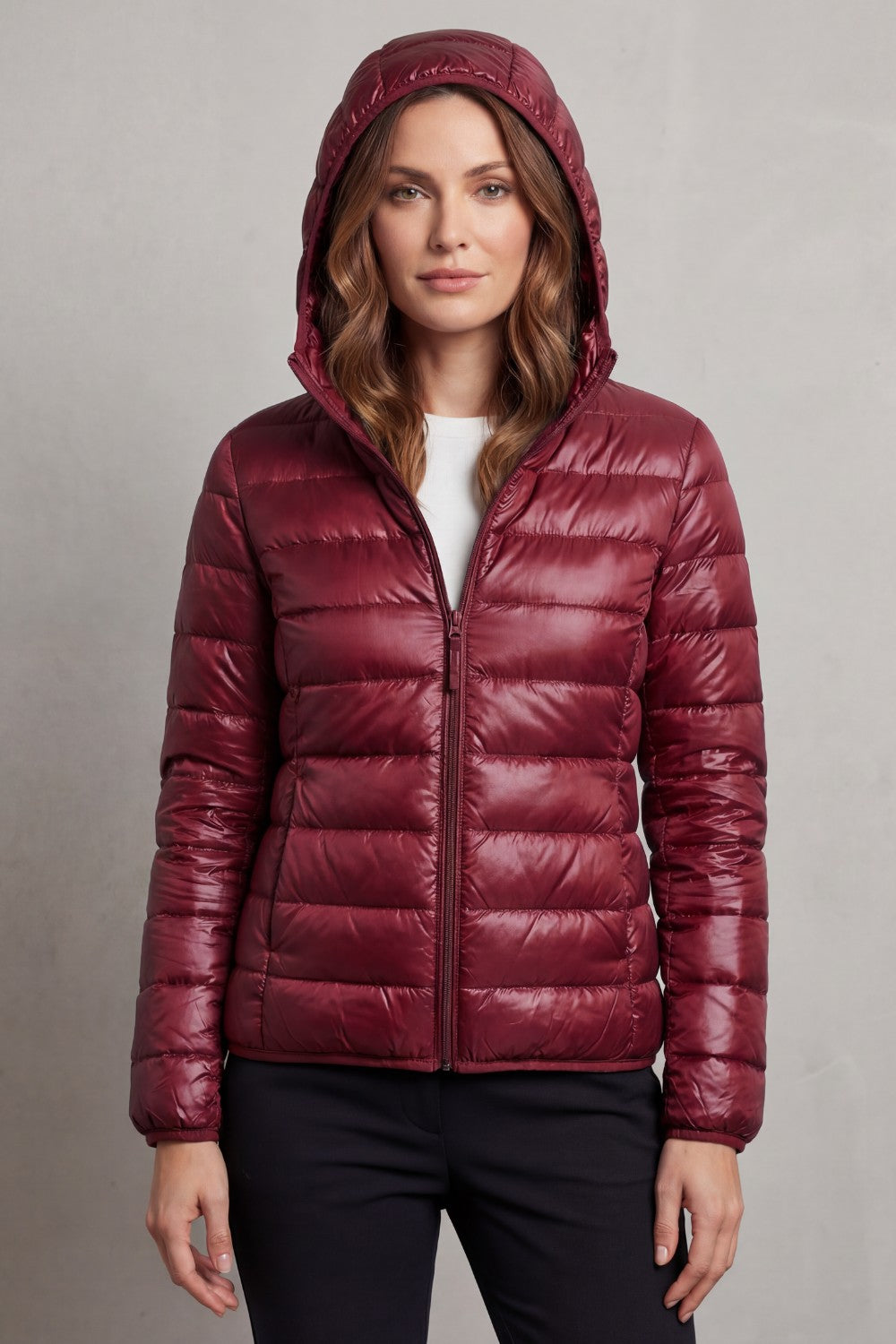 Women's Puffer Jacket with Hood and Full-Length Zip