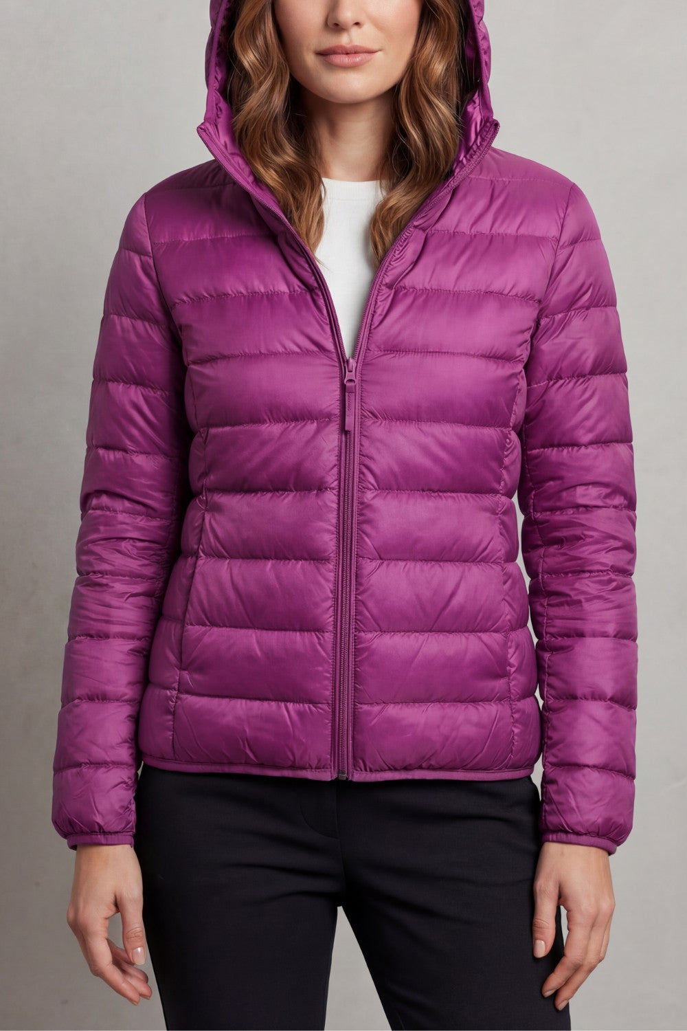Women's Puffer Jacket with Hood and Full-Length Zip