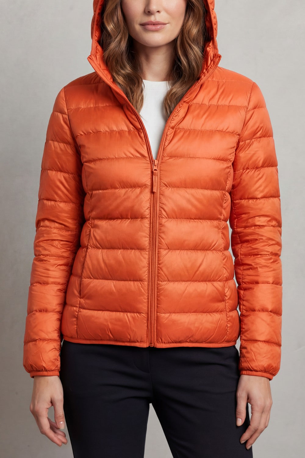 Women's Puffer Jacket with Hood and Full-Length Zip