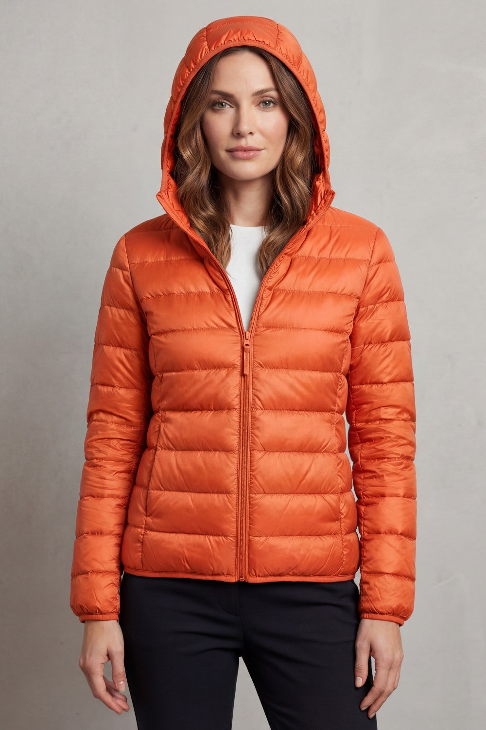 Women's Puffer Jacket with Hood and Full-Length Zip