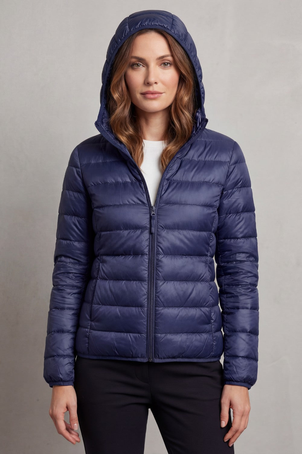Women's Puffer Jacket with Hood and Full-Length Zip
