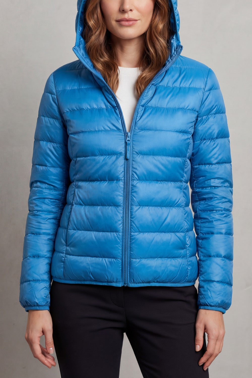Women's Puffer Jacket with Hood and Full-Length Zip