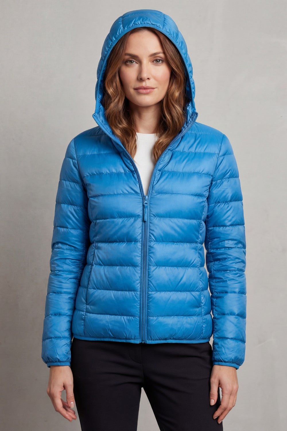 Women's Puffer Jacket with Hood and Full-Length Zip