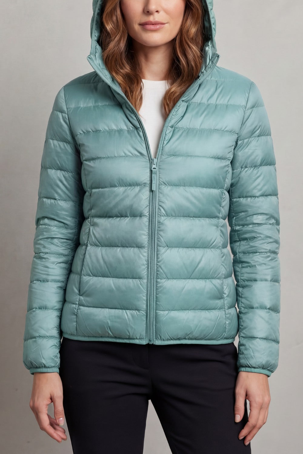 Women's Puffer Jacket with Hood and Full-Length Zip