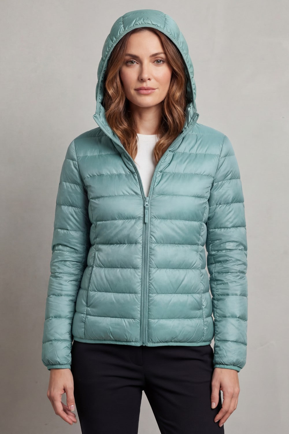 Women's Puffer Jacket with Hood and Full-Length Zip