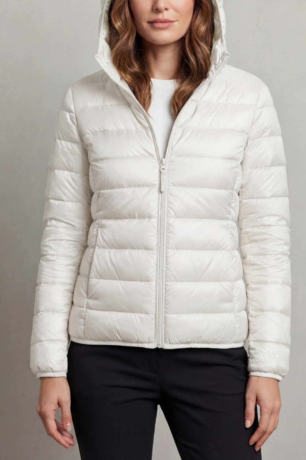 Women's Puffer Jacket with Hood and Full-Length Zip