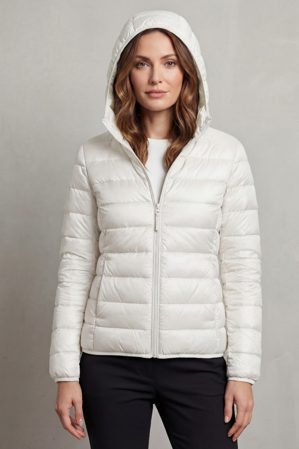 Women's Puffer Jacket with Hood and Full-Length Zip