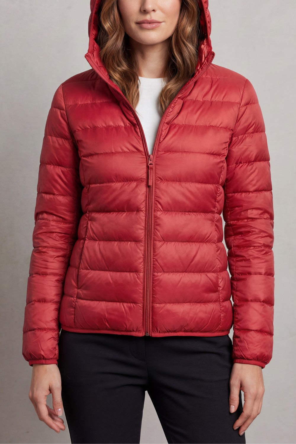 Women's Puffer Jacket with Hood and Full-Length Zip