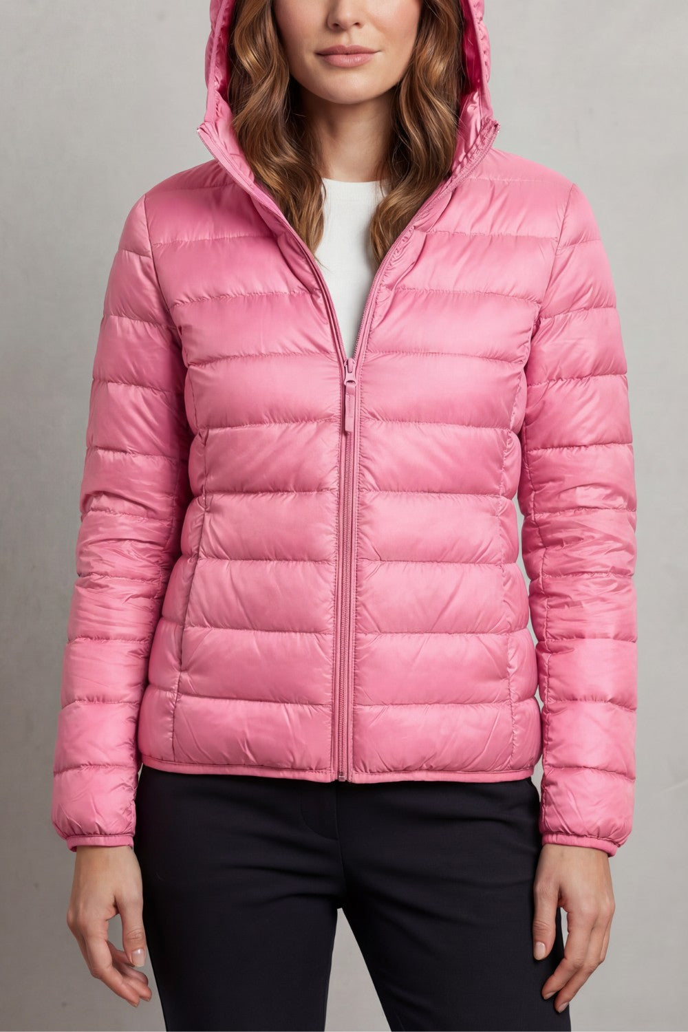 Women's Puffer Jacket with Hood and Full-Length Zip