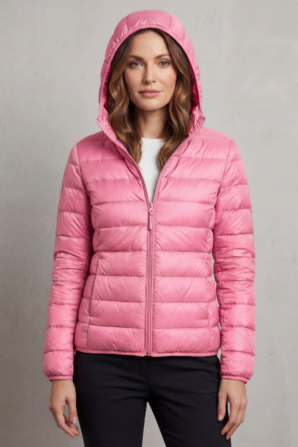 Women's Puffer Jacket with Hood and Full-Length Zip