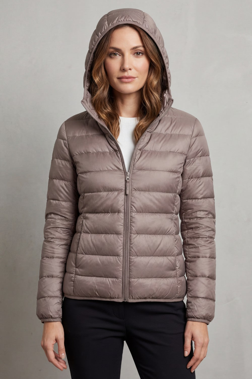 Women's Puffer Jacket with Hood and Full-Length Zip