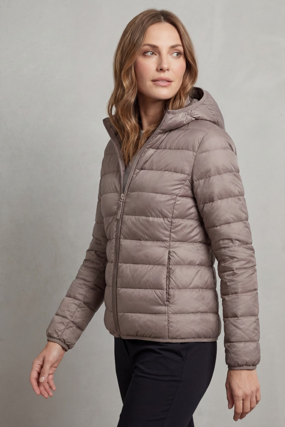 Women's Puffer Jacket with Hood and Full-Length Zip