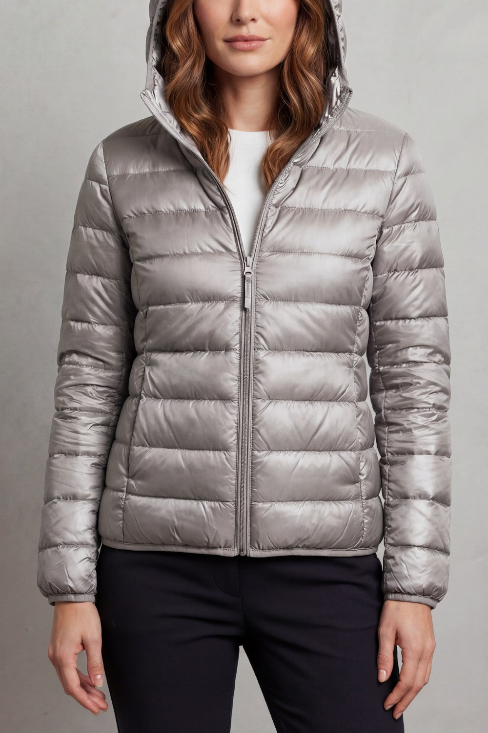 Women's Puffer Jacket with Hood and Full-Length Zip
