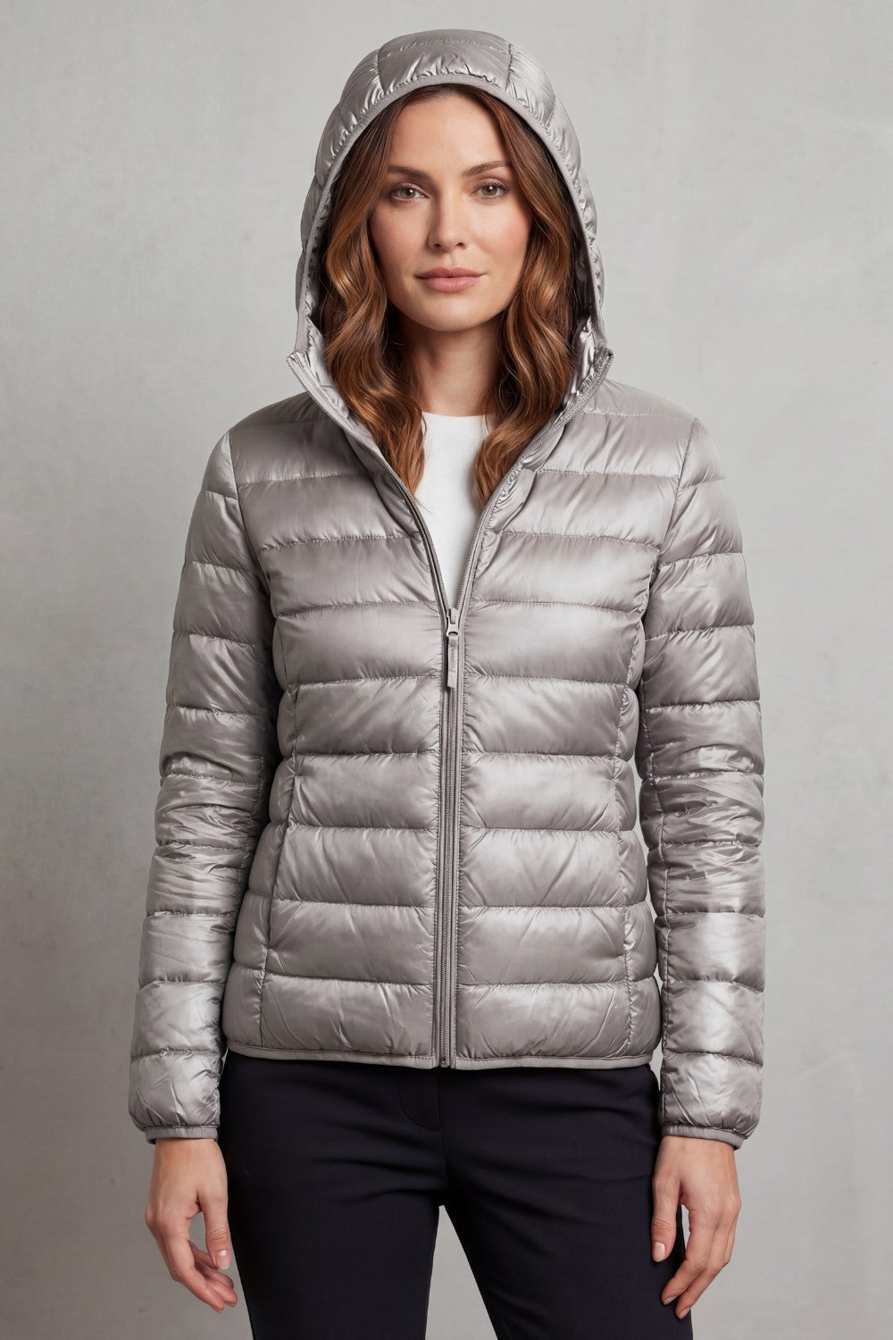 Women's Puffer Jacket with Hood and Full-Length Zip