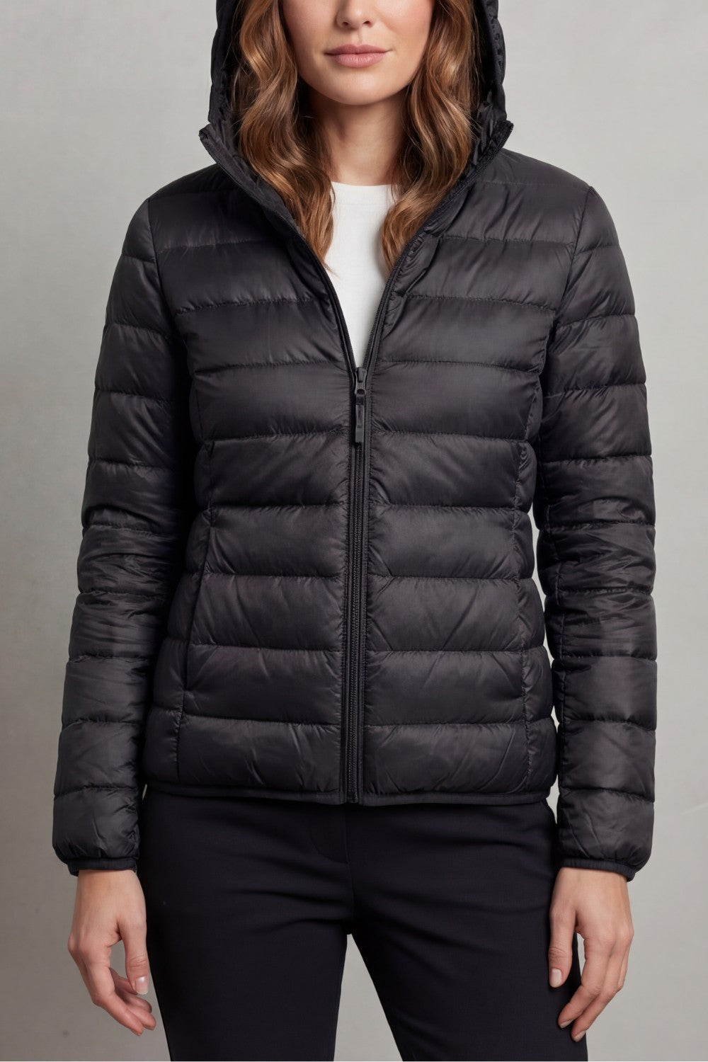 Women's Puffer Jacket with Hood and Full-Length Zip