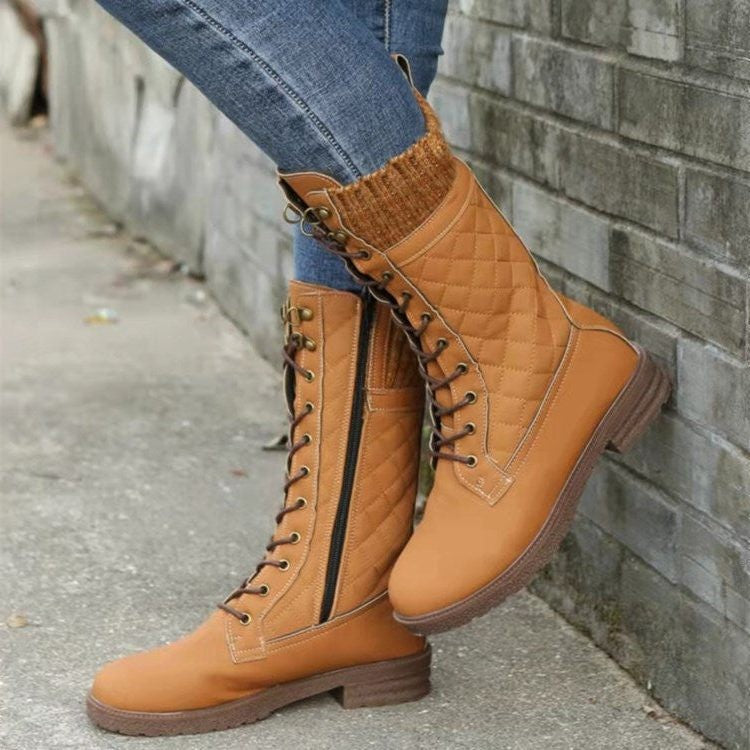 Women's Quilted Lace-Up Winter Boots with Knit Cuff