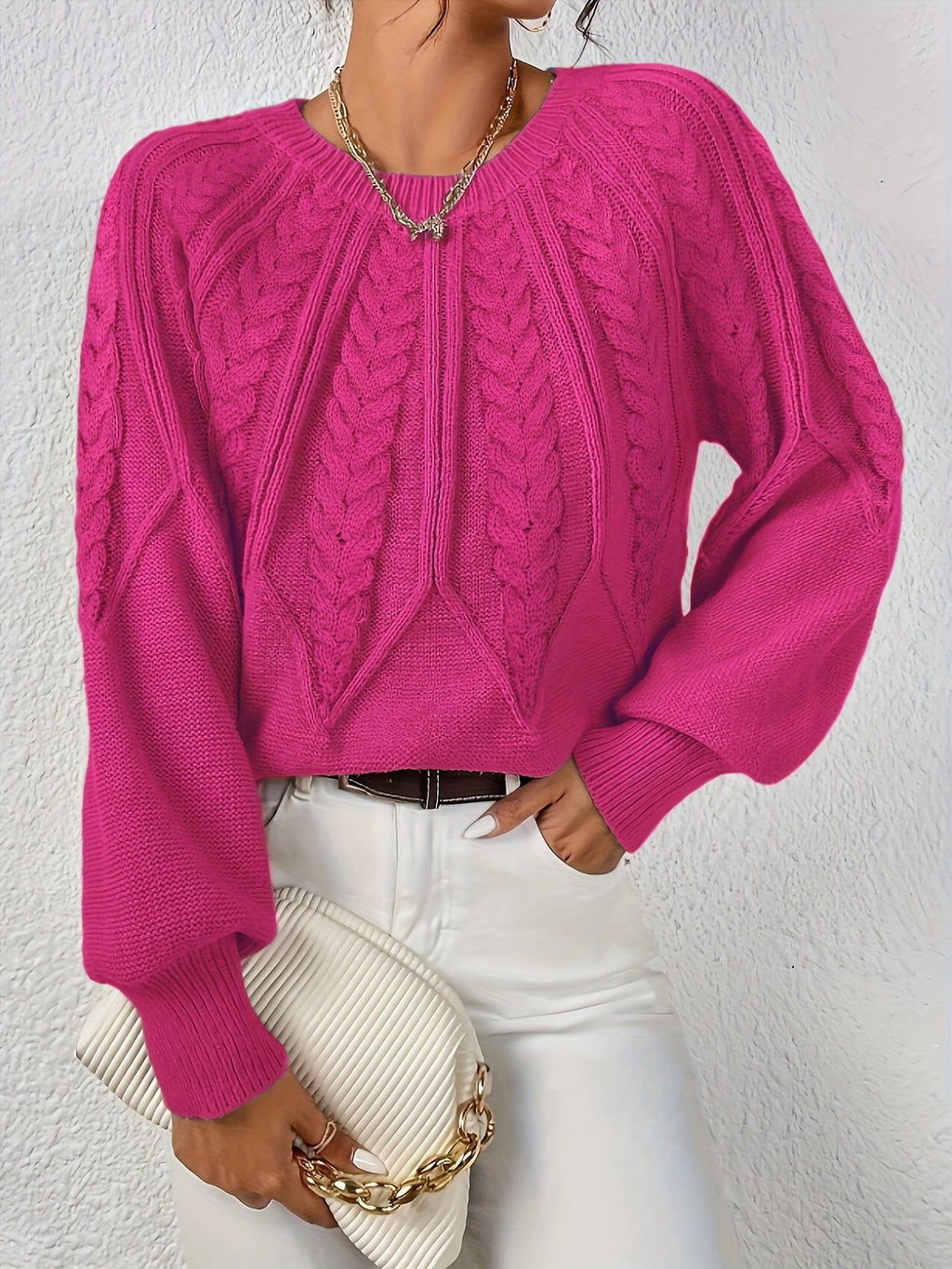 Women's Relaxed Cable Knit Jumper with Lantern Sleeves