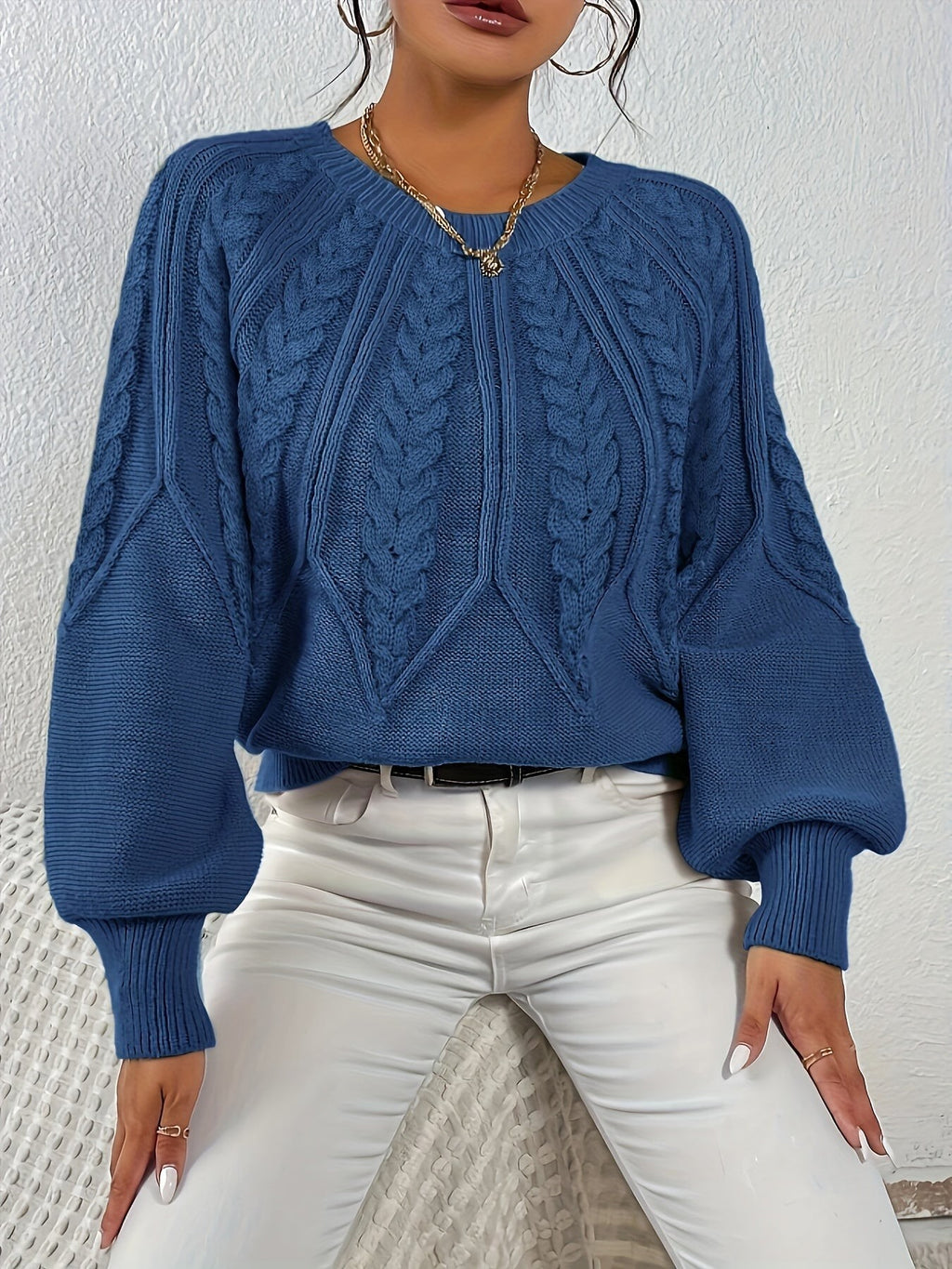 Women's Relaxed Cable Knit Jumper with Lantern Sleeves