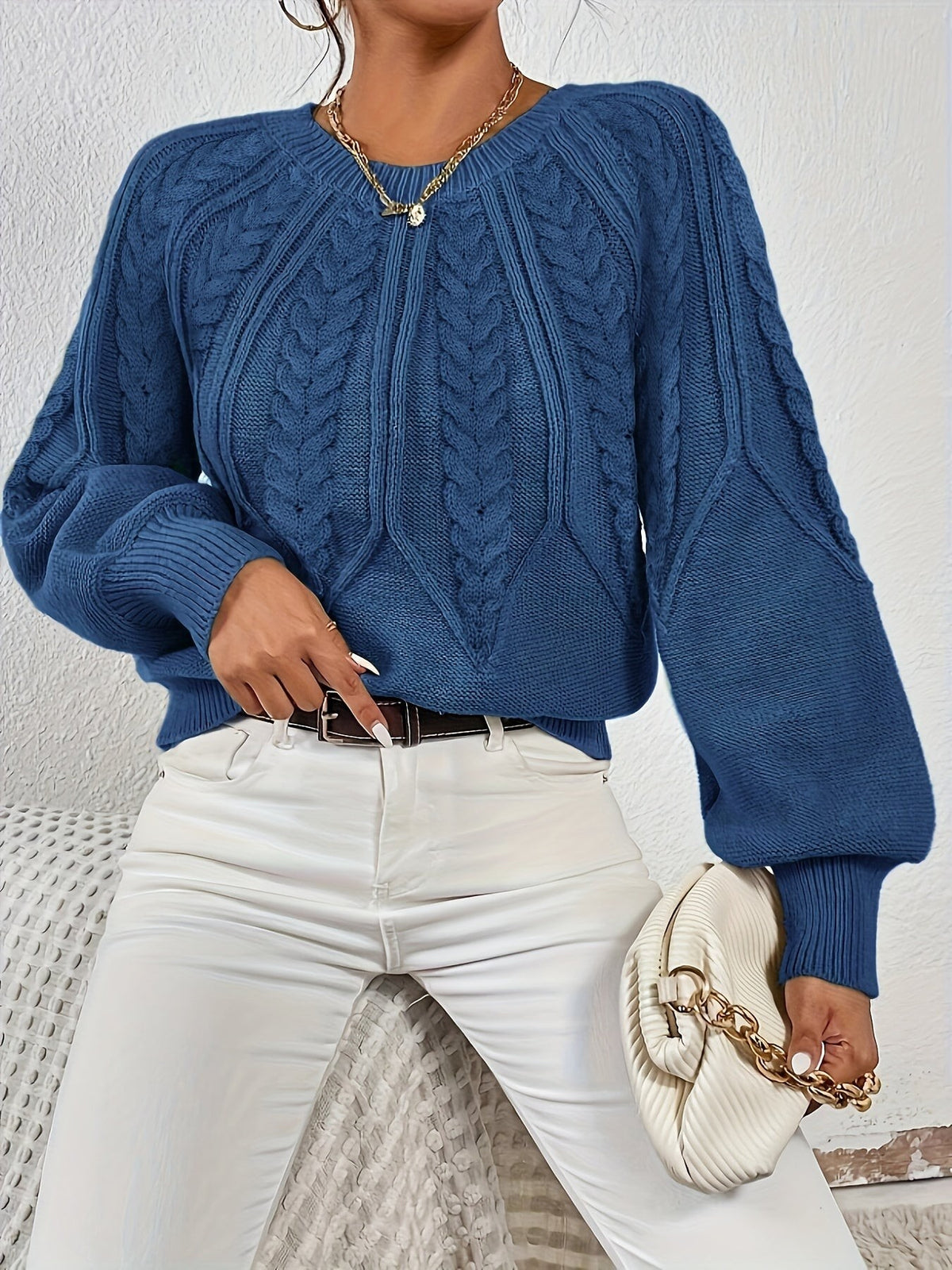 Women's Relaxed Cable Knit Jumper with Lantern Sleeves