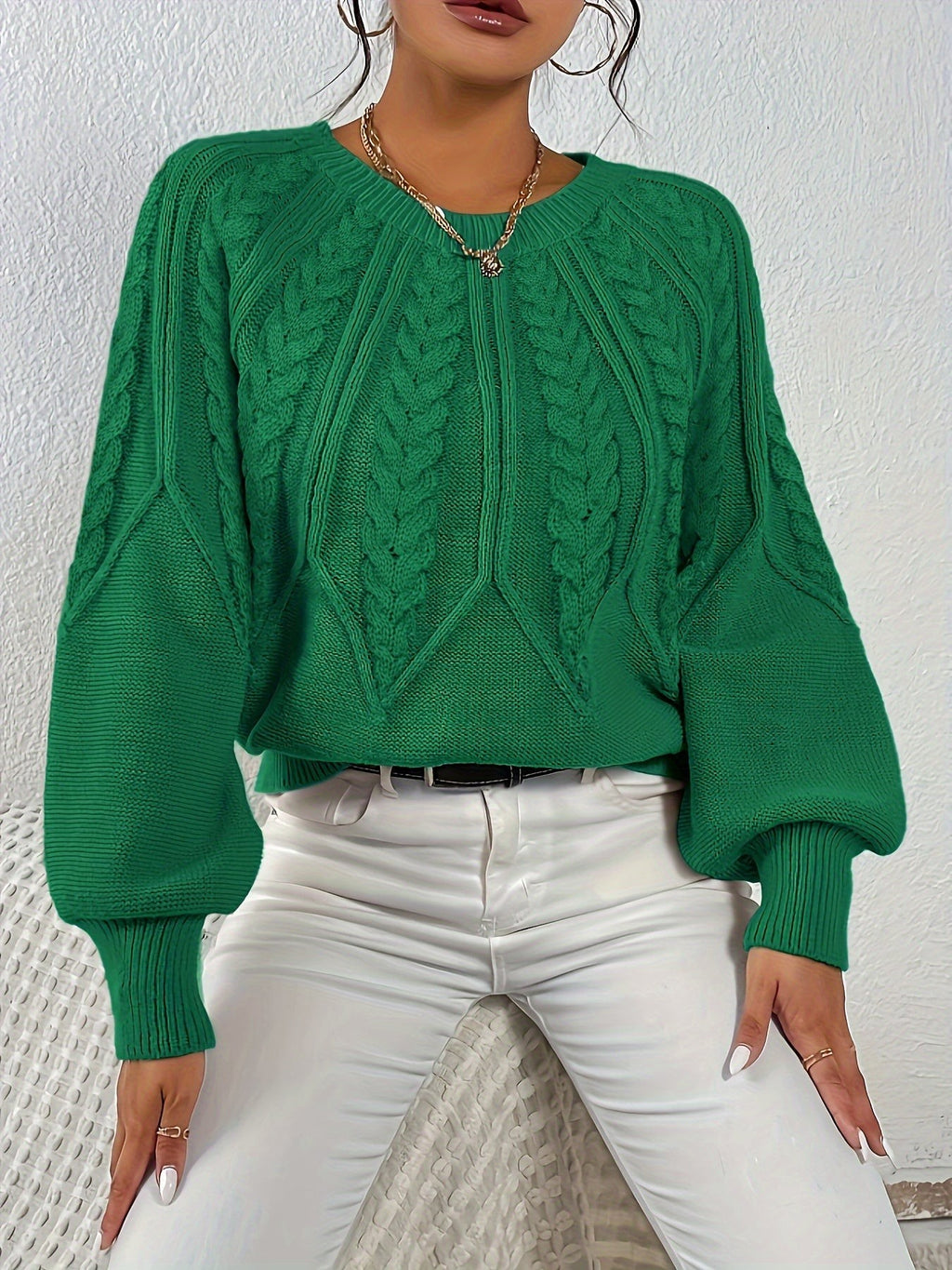 Women's Relaxed Cable Knit Jumper with Lantern Sleeves