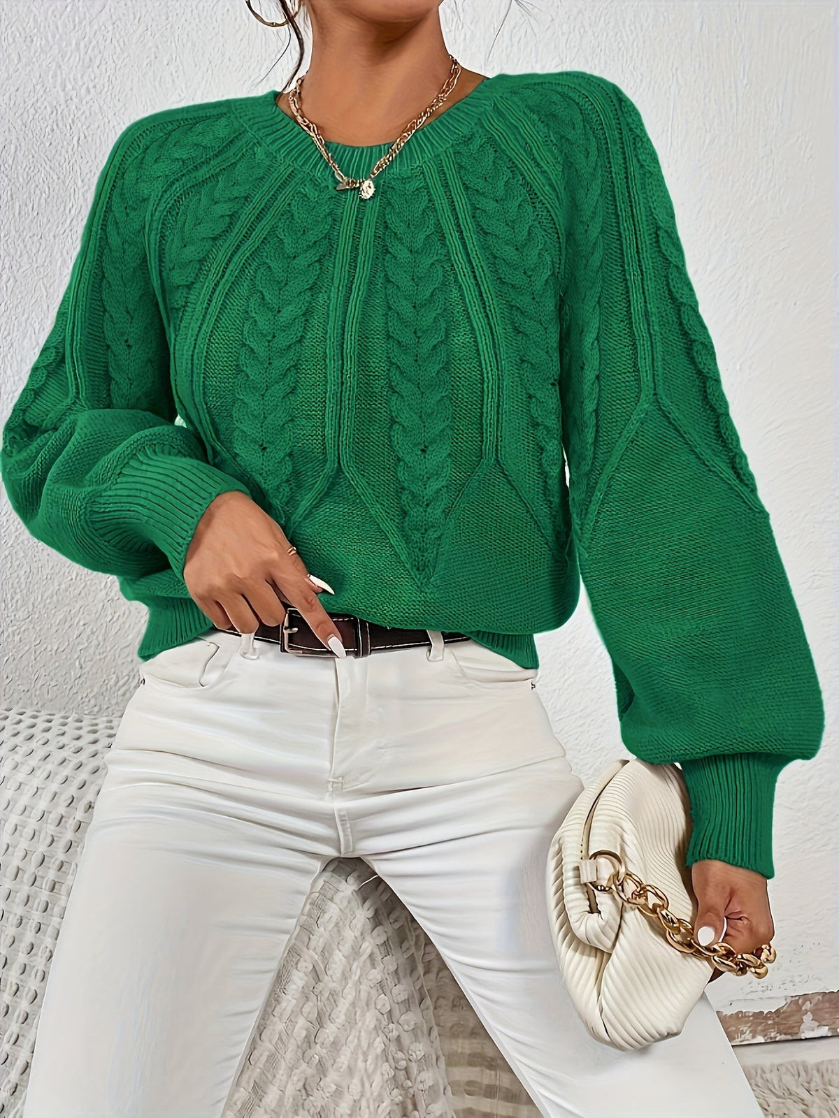 Women's Relaxed Cable Knit Jumper with Lantern Sleeves