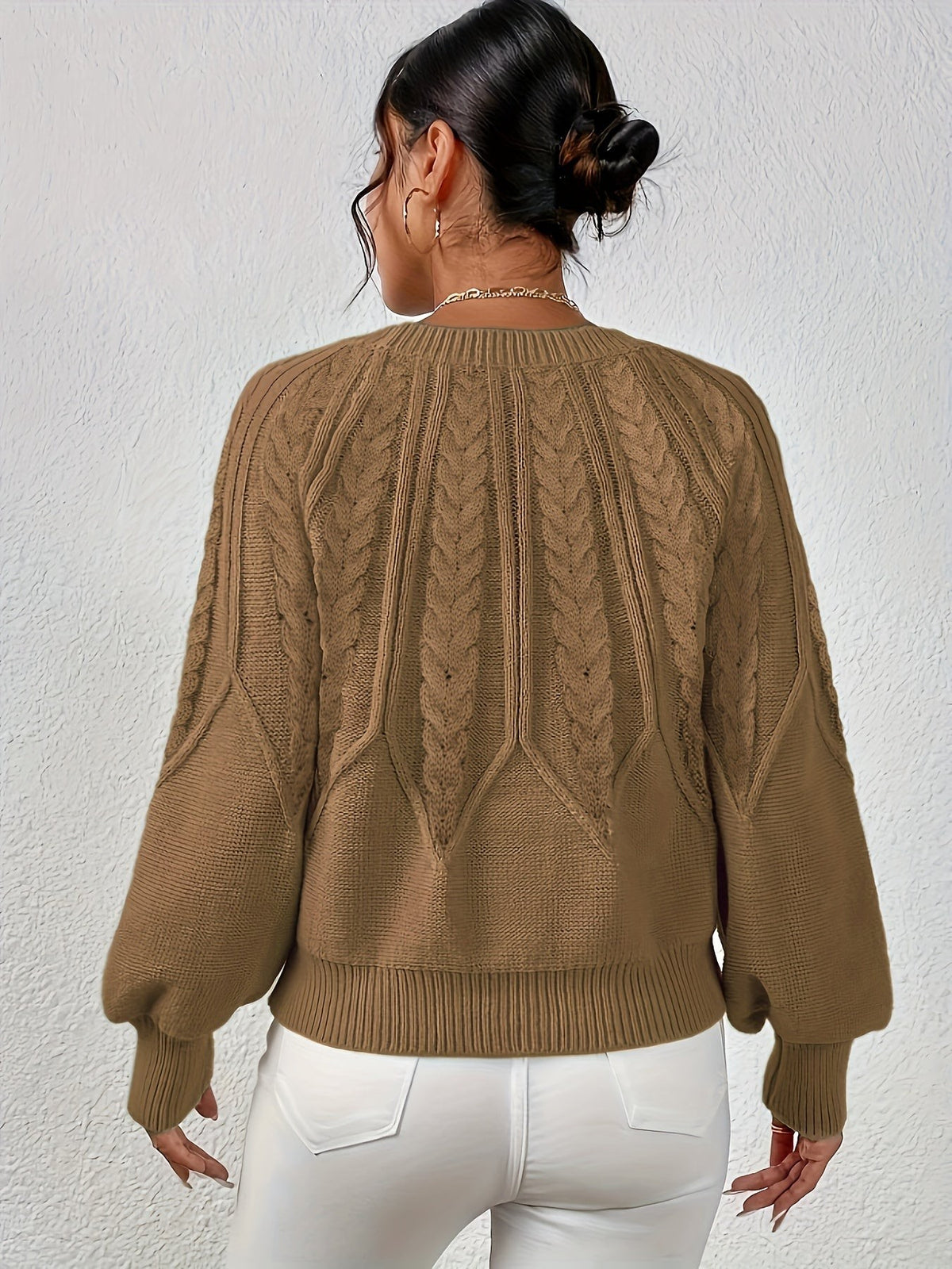 Women's Relaxed Cable Knit Jumper with Lantern Sleeves