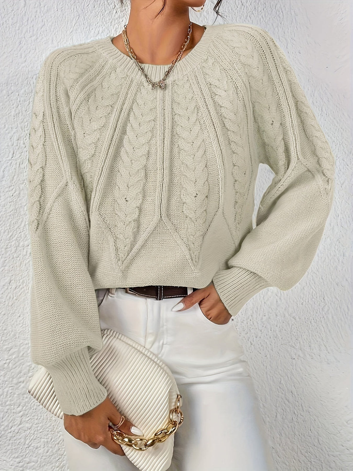 Women's Relaxed Cable Knit Jumper with Lantern Sleeves