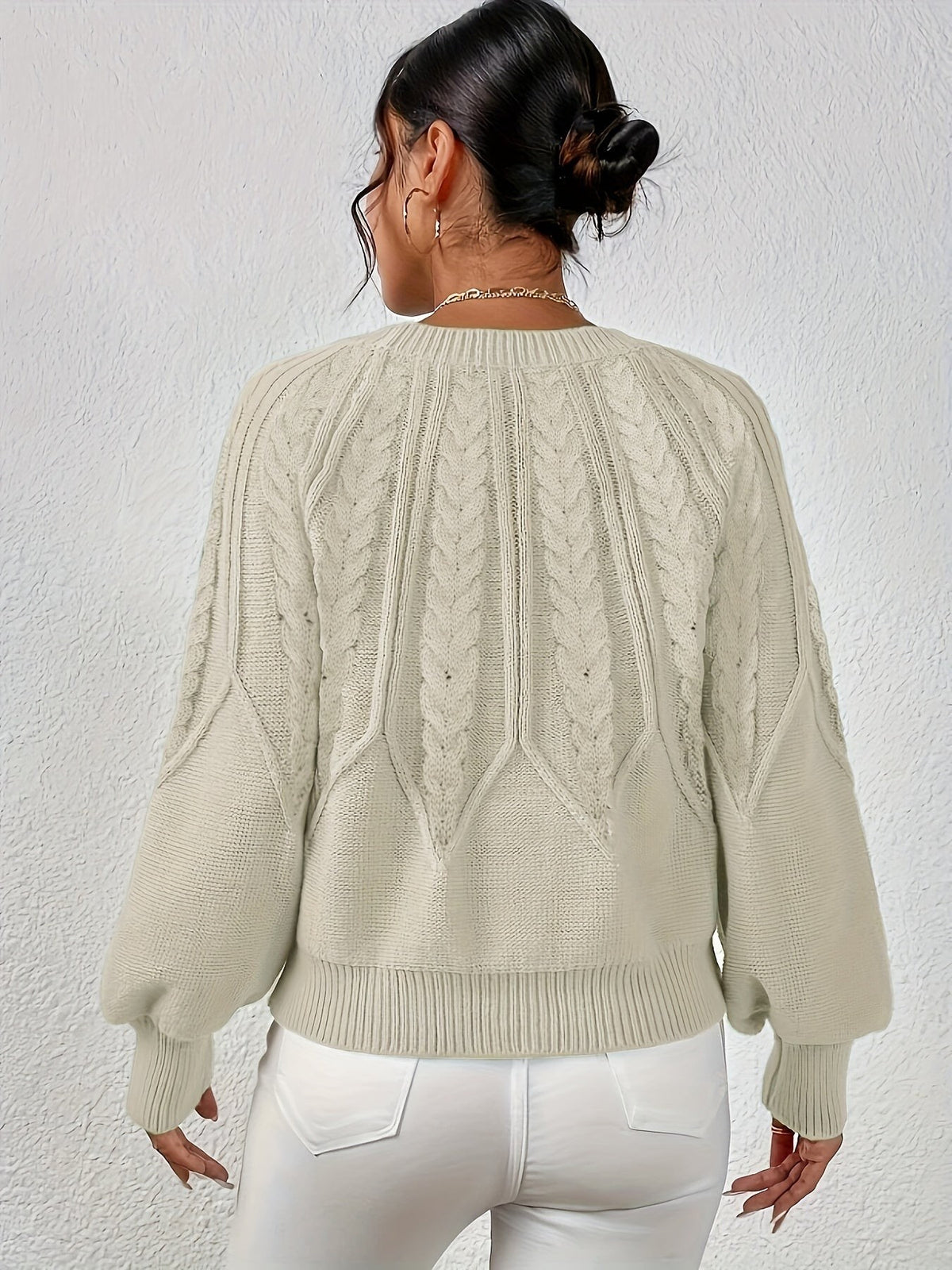 Women's Relaxed Cable Knit Jumper with Lantern Sleeves