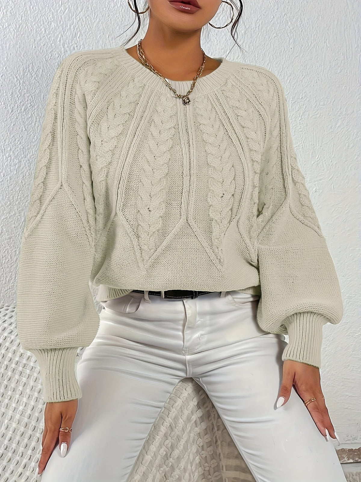Women's Relaxed Cable Knit Jumper with Lantern Sleeves