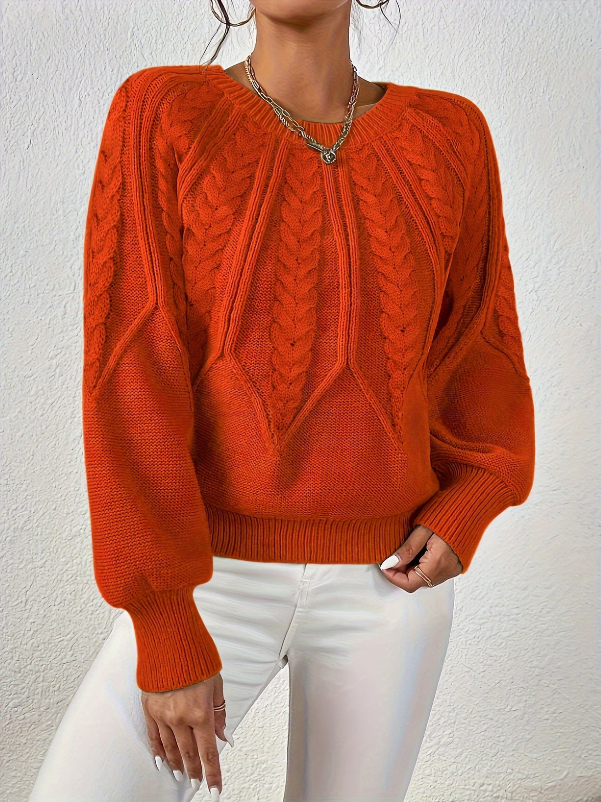 Women's Relaxed Cable Knit Jumper with Lantern Sleeves