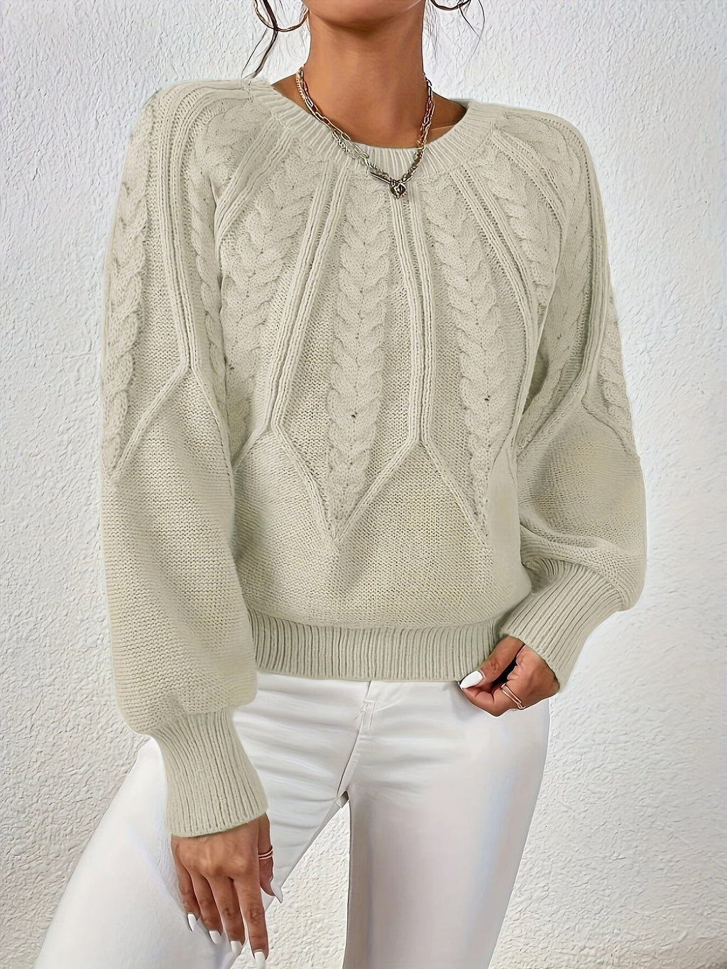 Women's Relaxed Cable Knit Jumper with Lantern Sleeves
