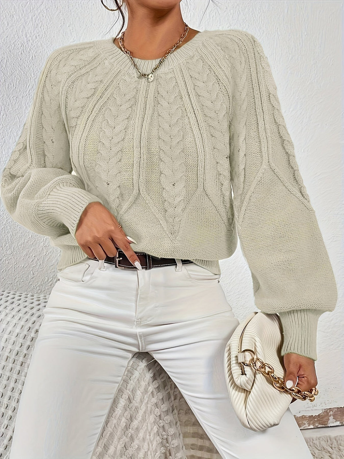 Women's Relaxed Cable Knit Jumper with Lantern Sleeves