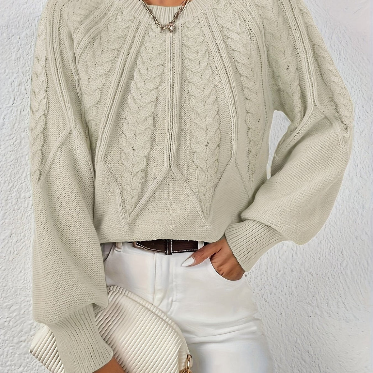 Women's Relaxed Cable Knit Jumper with Lantern Sleeves