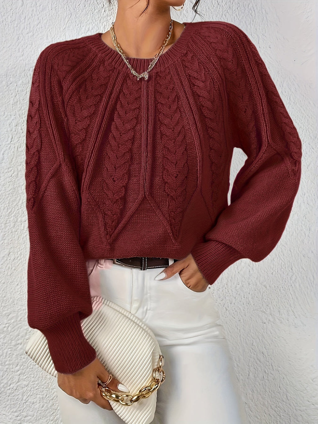 Women's Relaxed Cable Knit Jumper with Lantern Sleeves