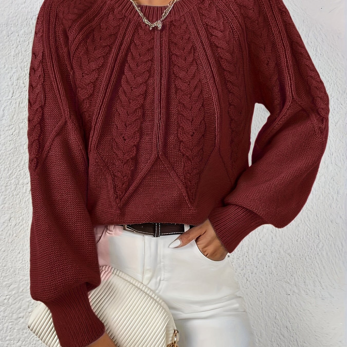 Women's Relaxed Cable Knit Jumper with Lantern Sleeves
