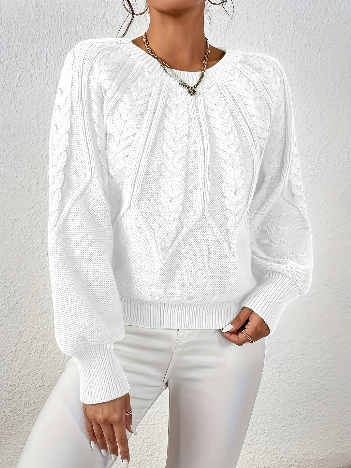 Women's Relaxed Cable Knit Jumper with Lantern Sleeves