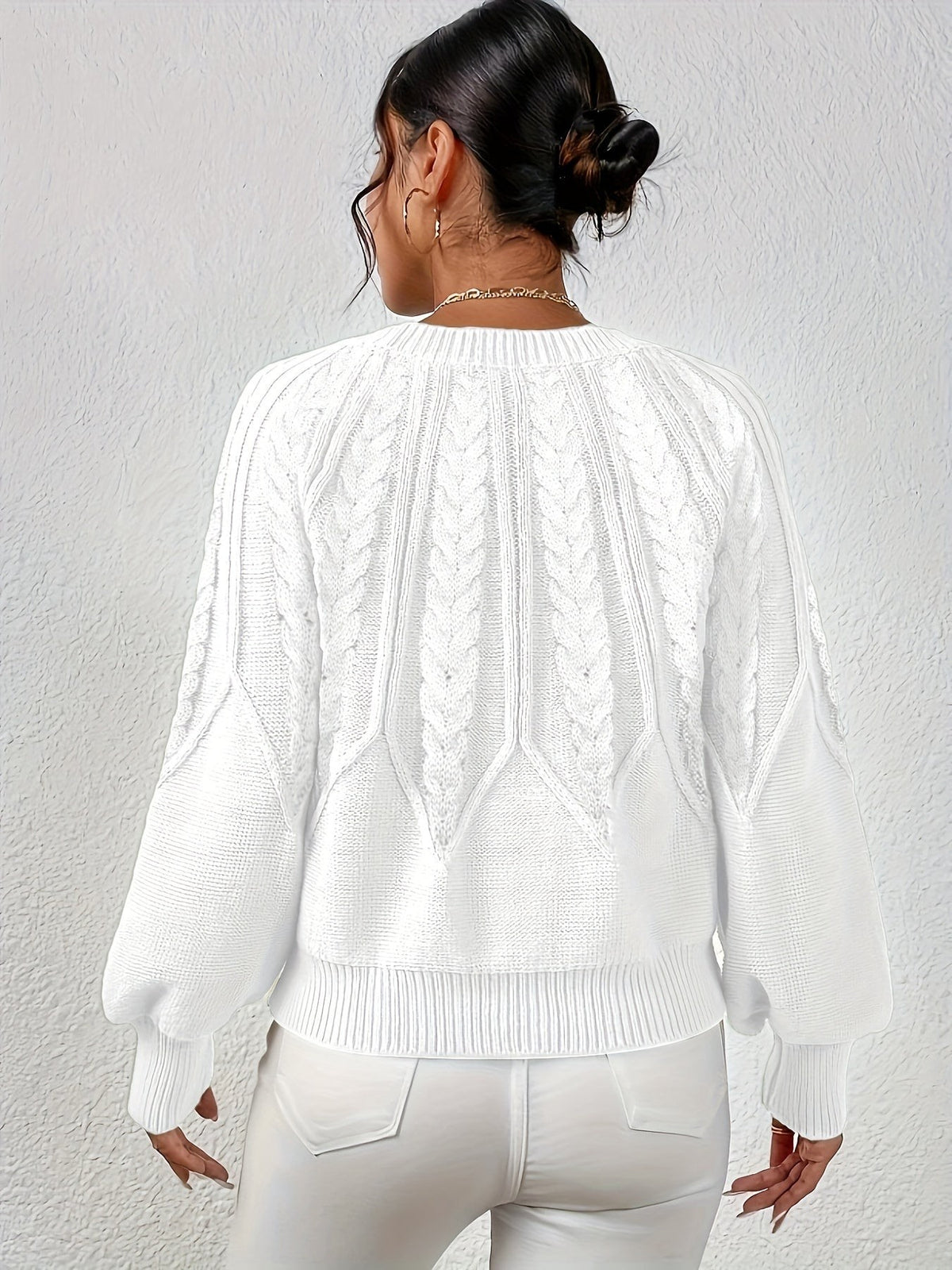 Women's Relaxed Cable Knit Jumper with Lantern Sleeves