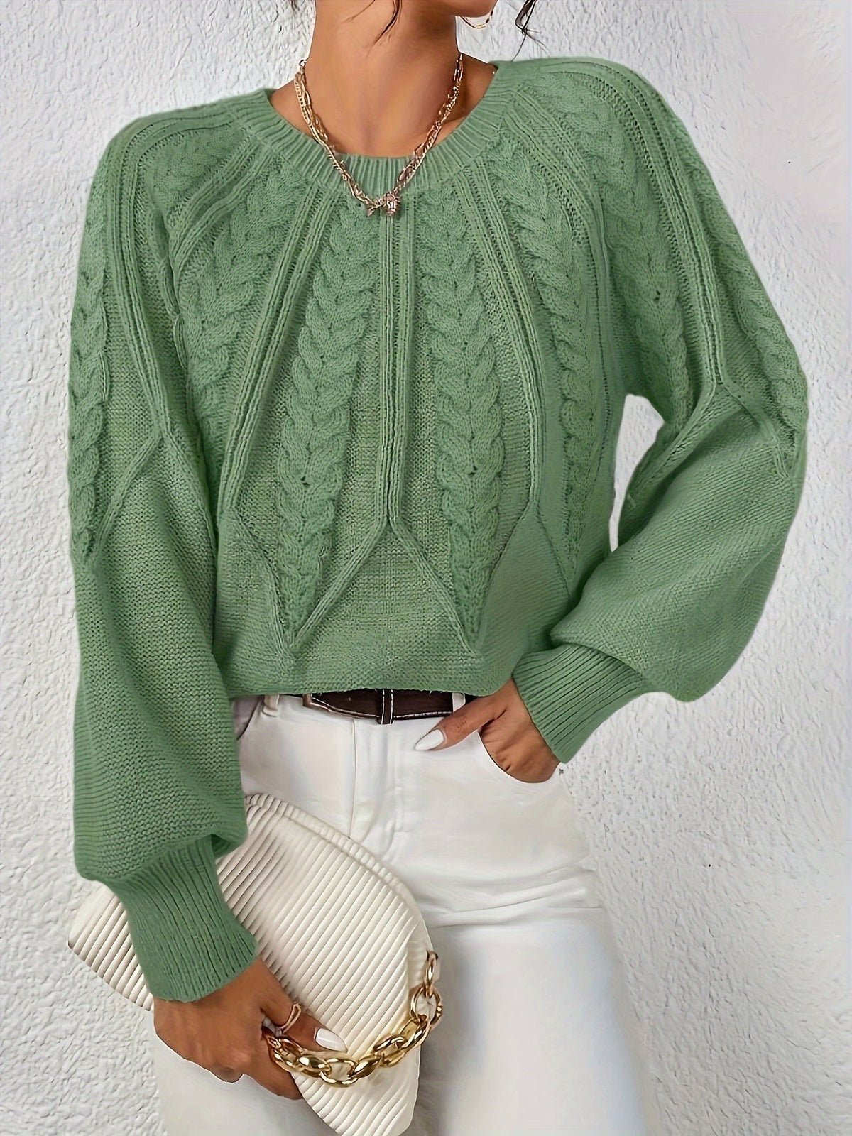 Women's Relaxed Cable Knit Jumper with Lantern Sleeves