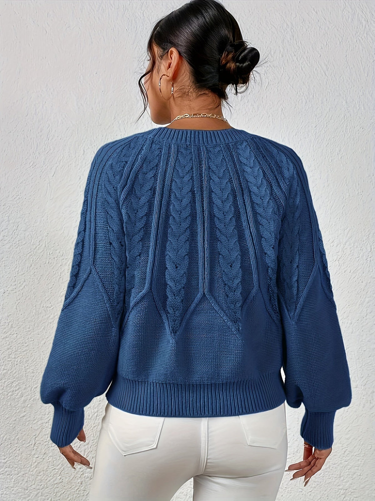 Women's Relaxed Cable Knit Jumper with Lantern Sleeves